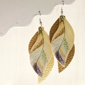 Gold Two Layer PU Leather Feather Leaf Earrings